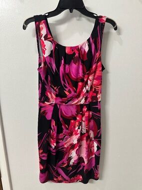 Bisou Bisou Michele Bohbot Dress 6 Pink Black Floral Sheath V Back Stretch